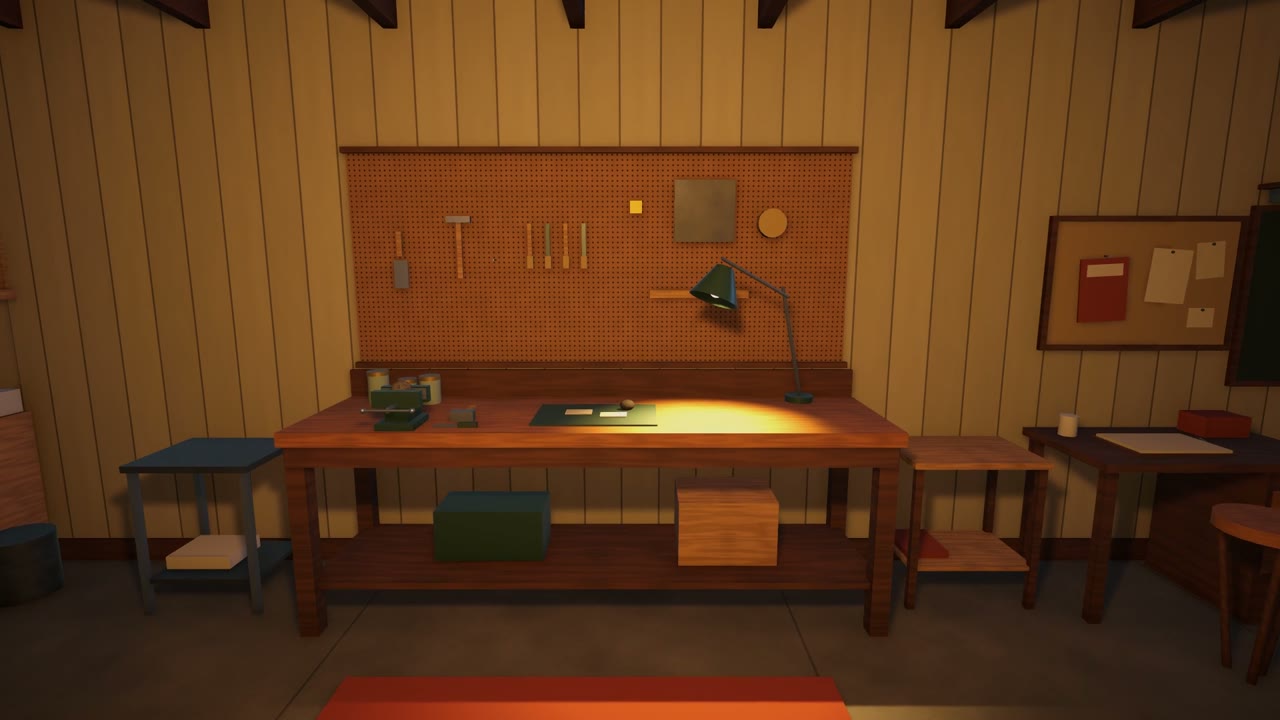 The garage workbench at night under a desk lamp, tools on a pegboard
