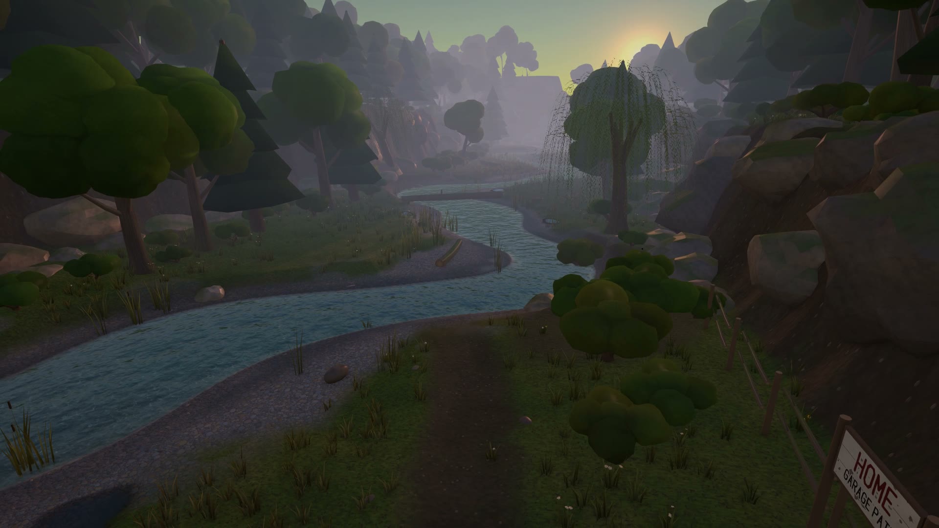 Dawn over Willow Creek: a gravel path beside a winding creek under tall trees