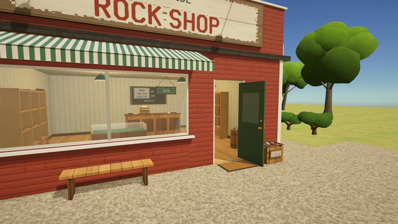 The red Creekside Rock Shop with a striped awning and an open door