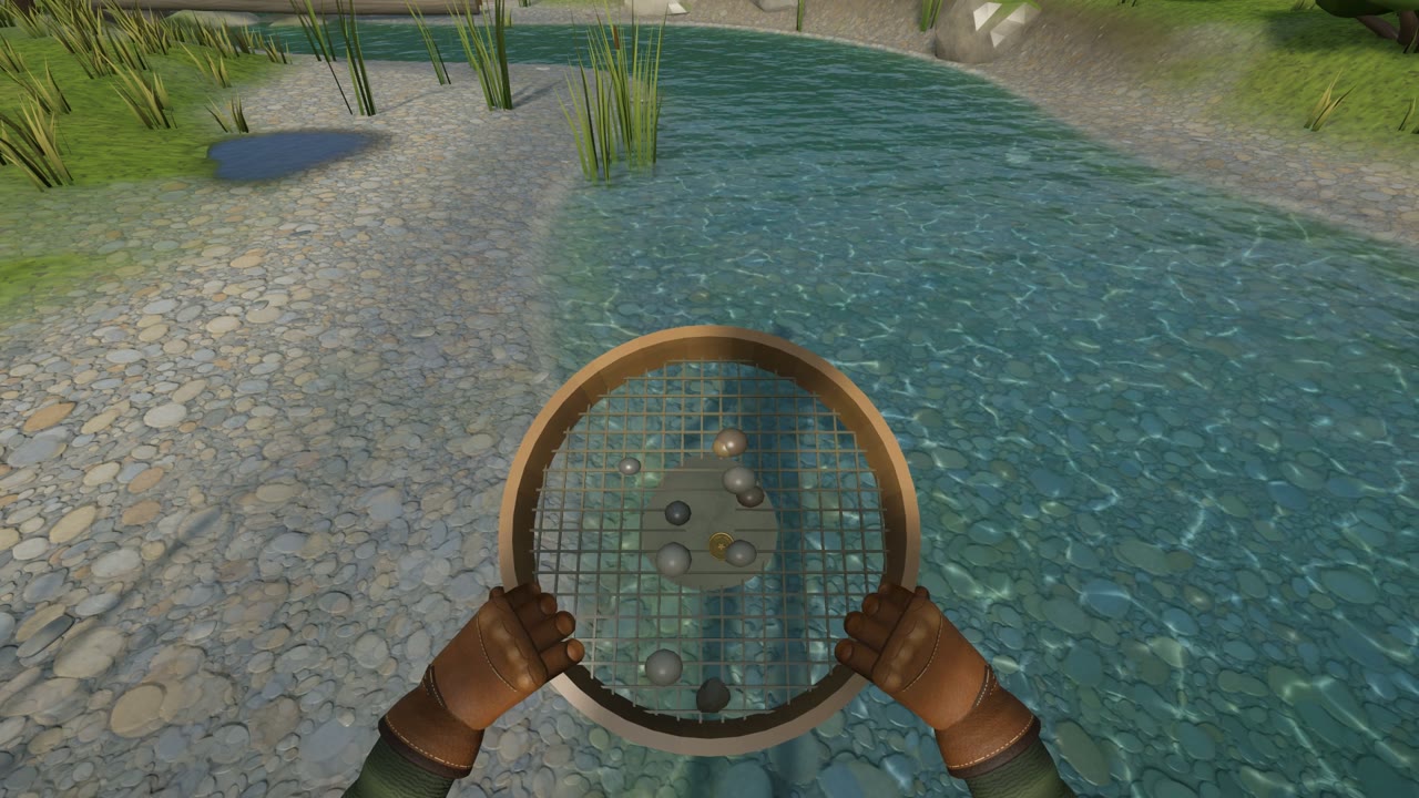 Gloved hands holding a sieve over a shallow creek, pebbles caught in the mesh